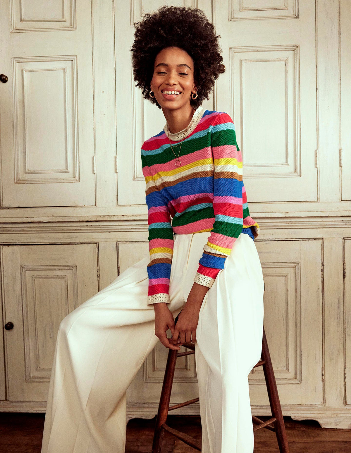 Callie Crochet Trim Sweater-Bright Rainbow Stripe Large - Image 1