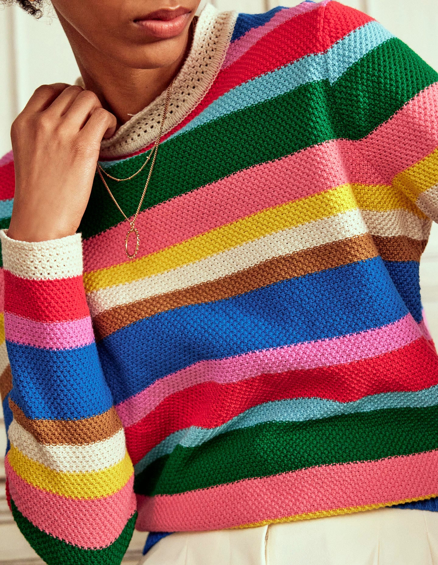 Callie Crochet Trim Sweater-Bright Rainbow Stripe Large