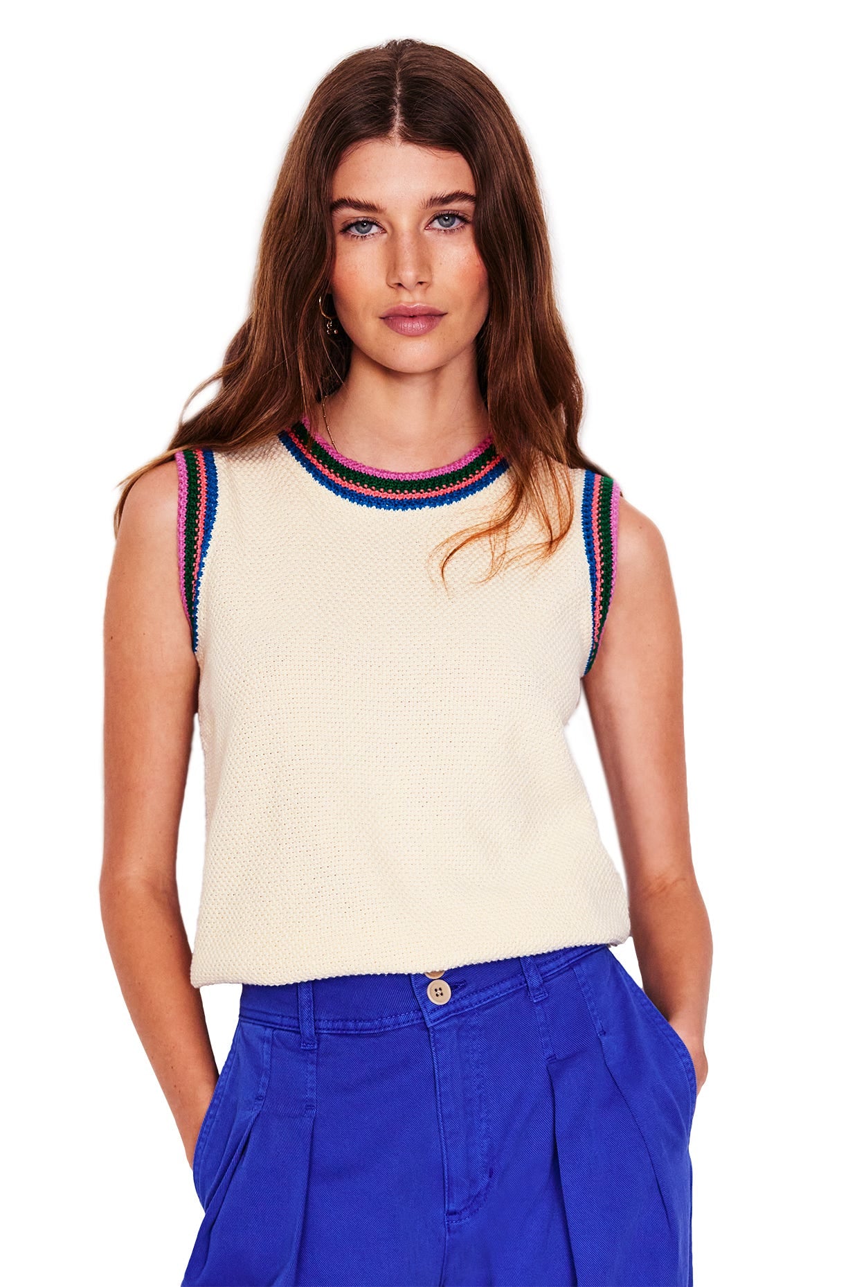 Callie Crochet Trim Tank-Warm Ivory, Rainbow Trim