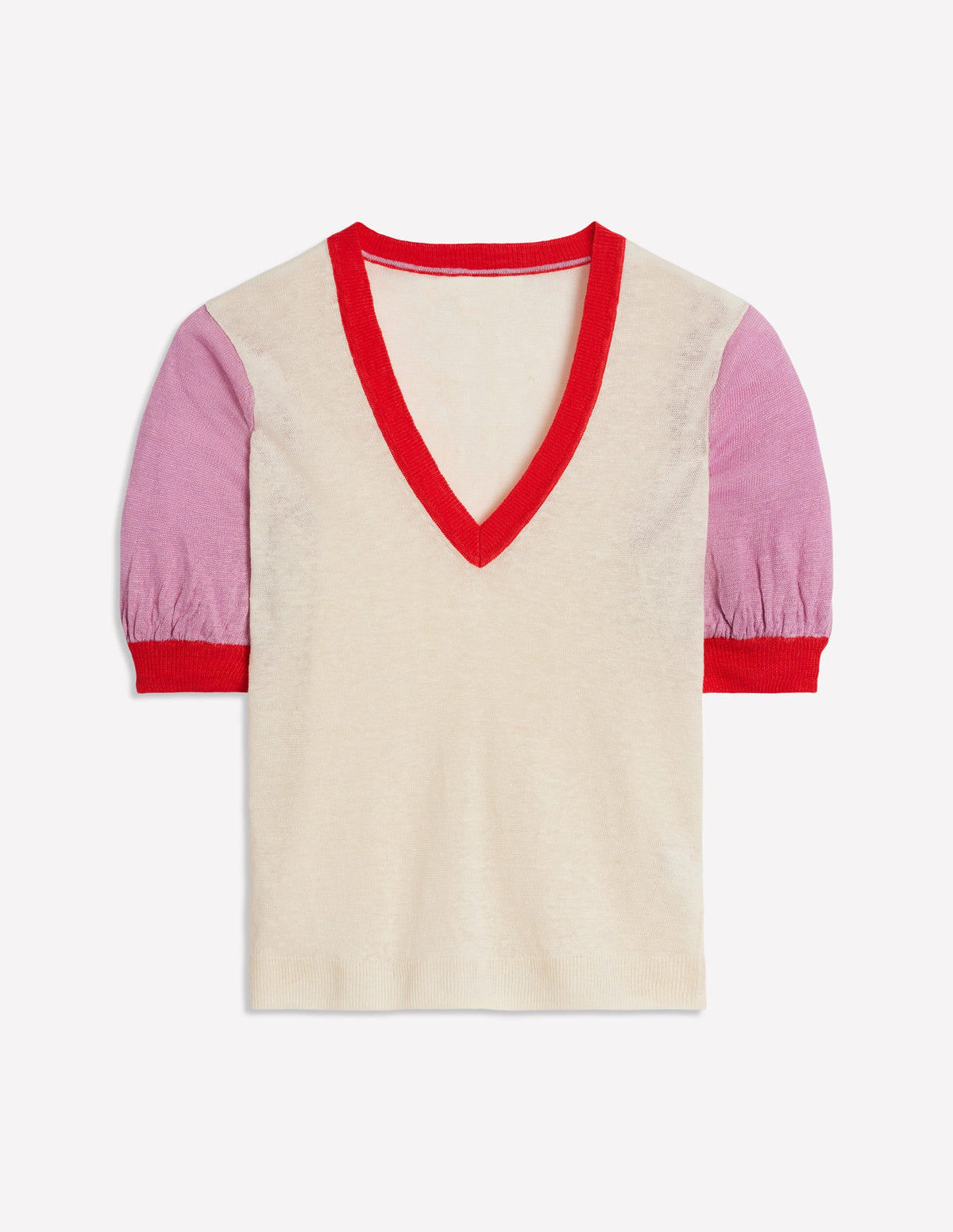 Liv V-Neck Linen T-Shirt-Warm Ivory/ Soft Lavender Pink - Image 7