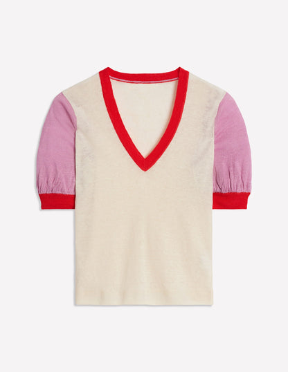 Liv V-Neck Linen T-Shirt-Warm Ivory/ Soft Lavender Pink