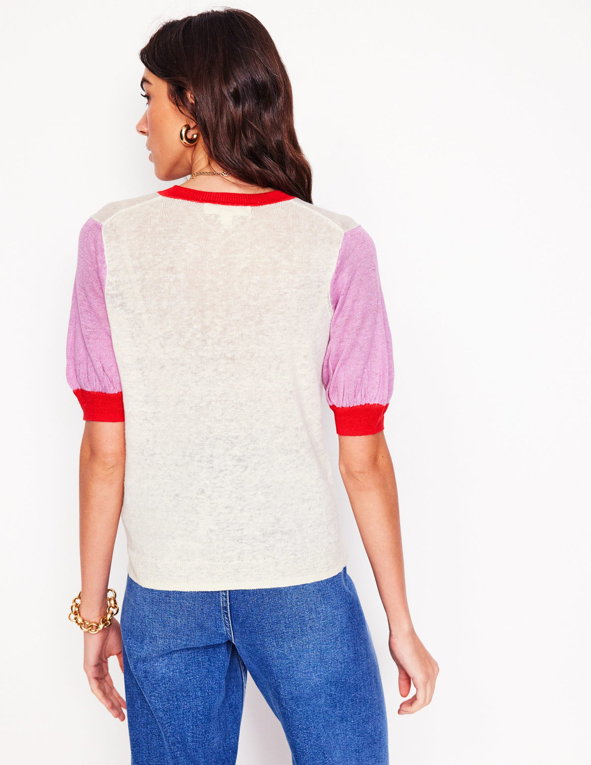 Liv V-Neck Linen T-Shirt-Warm Ivory/ Soft Lavender Pink - Image 4