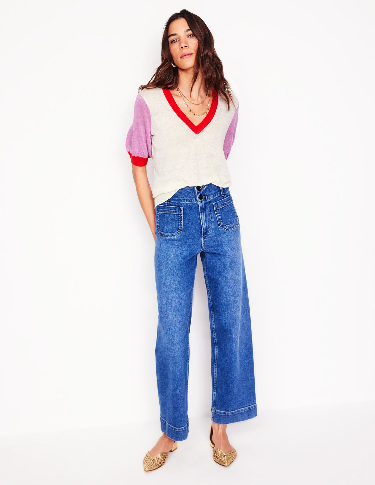 Liv V-Neck Linen T-Shirt-Warm Ivory/ Soft Lavender Pink - Image 5