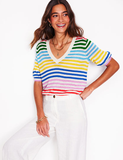 Liv V-Neck Linen T-Shirt-Banded Rainbow Stripe