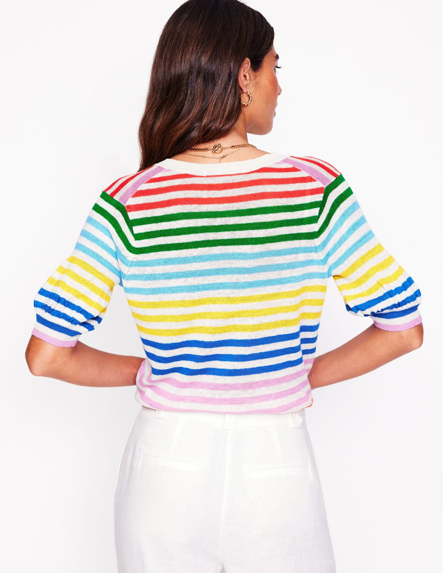 Liv V-Neck Linen T-Shirt-Banded Rainbow Stripe