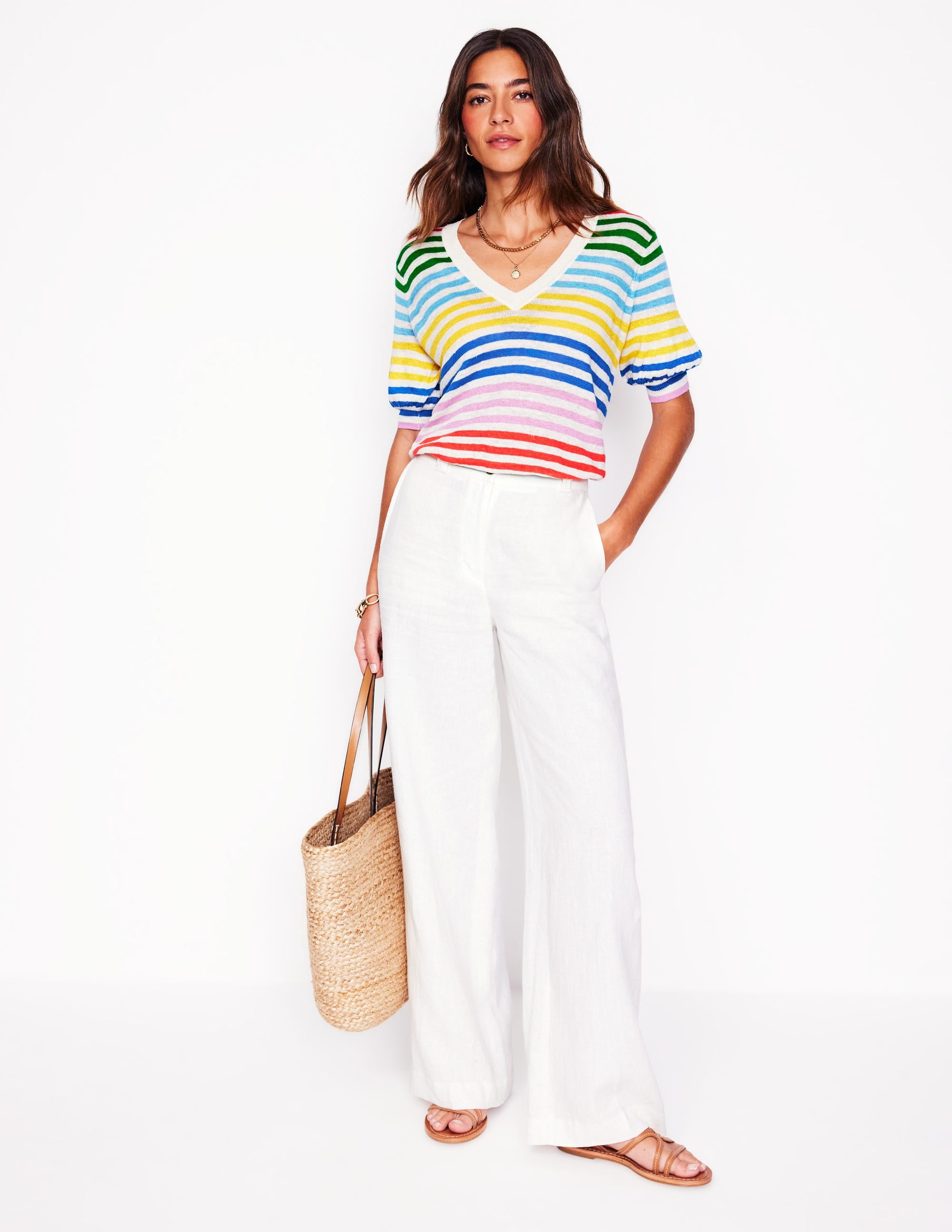 Liv V-Neck Linen T-Shirt-Banded Rainbow Stripe - Image 5