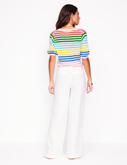 Liv V-Neck Linen T-Shirt-Banded Rainbow Stripe