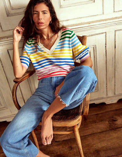 Liv V-Neck Linen T-Shirt-Banded Rainbow Stripe