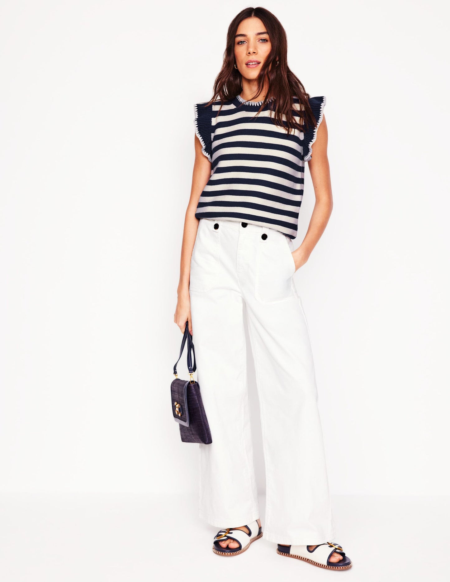 Lena Stitch Detail Vest-Navy and Ivory Stripe