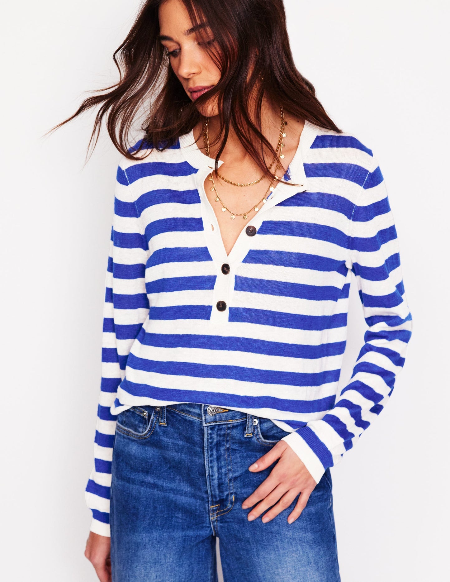 Liv Henley Linen Sweater-Bright Blue and Ivory Stripe