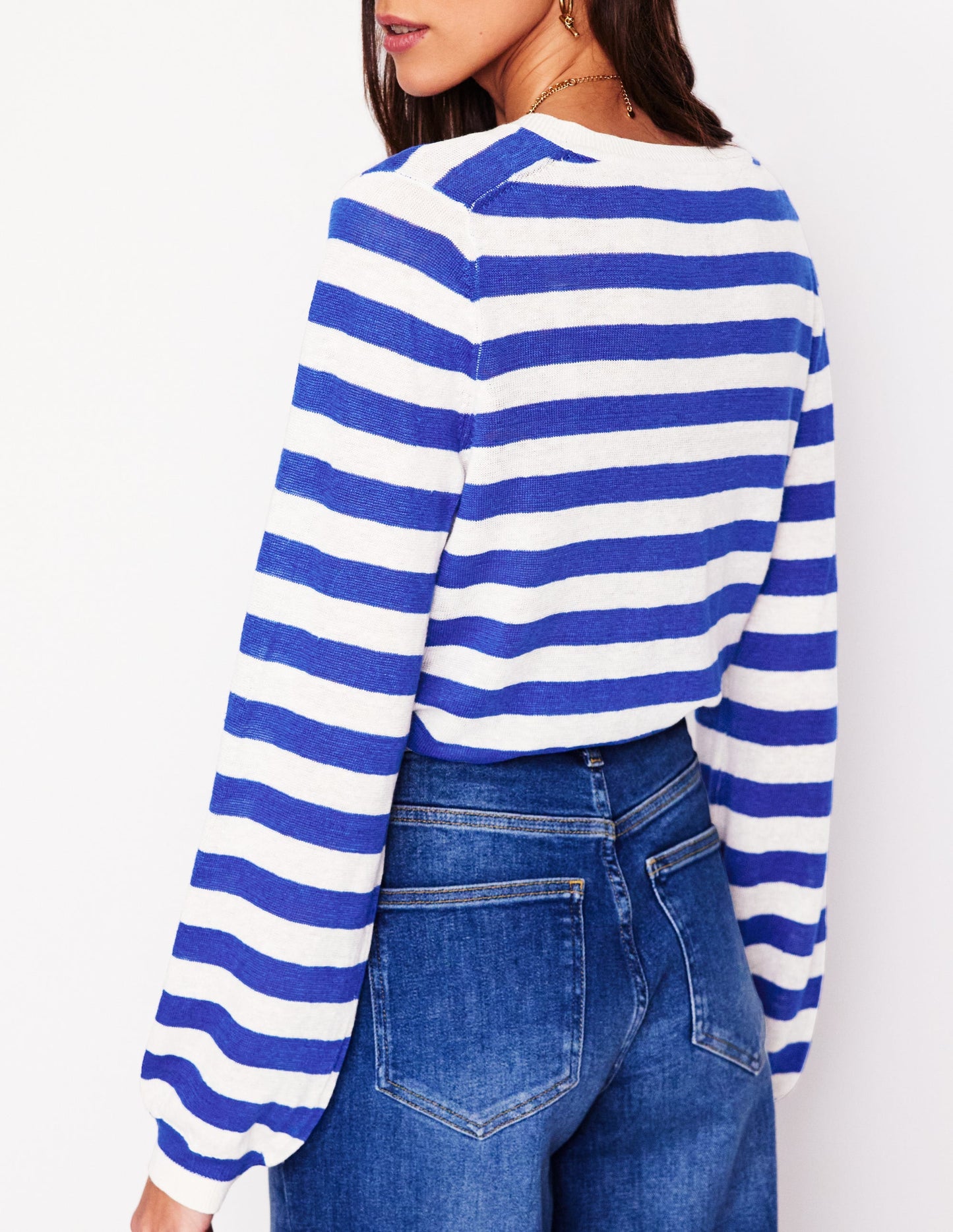 Liv Henley Linen Sweater-Bright Blue and Ivory Stripe