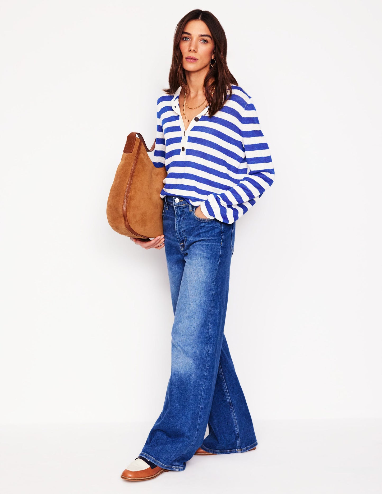 Liv Henley Linen Sweater-Bright Blue and Ivory Stripe