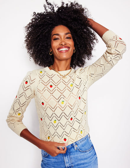 Enid Embroidered Sweater-Warm Ivory, Fruit