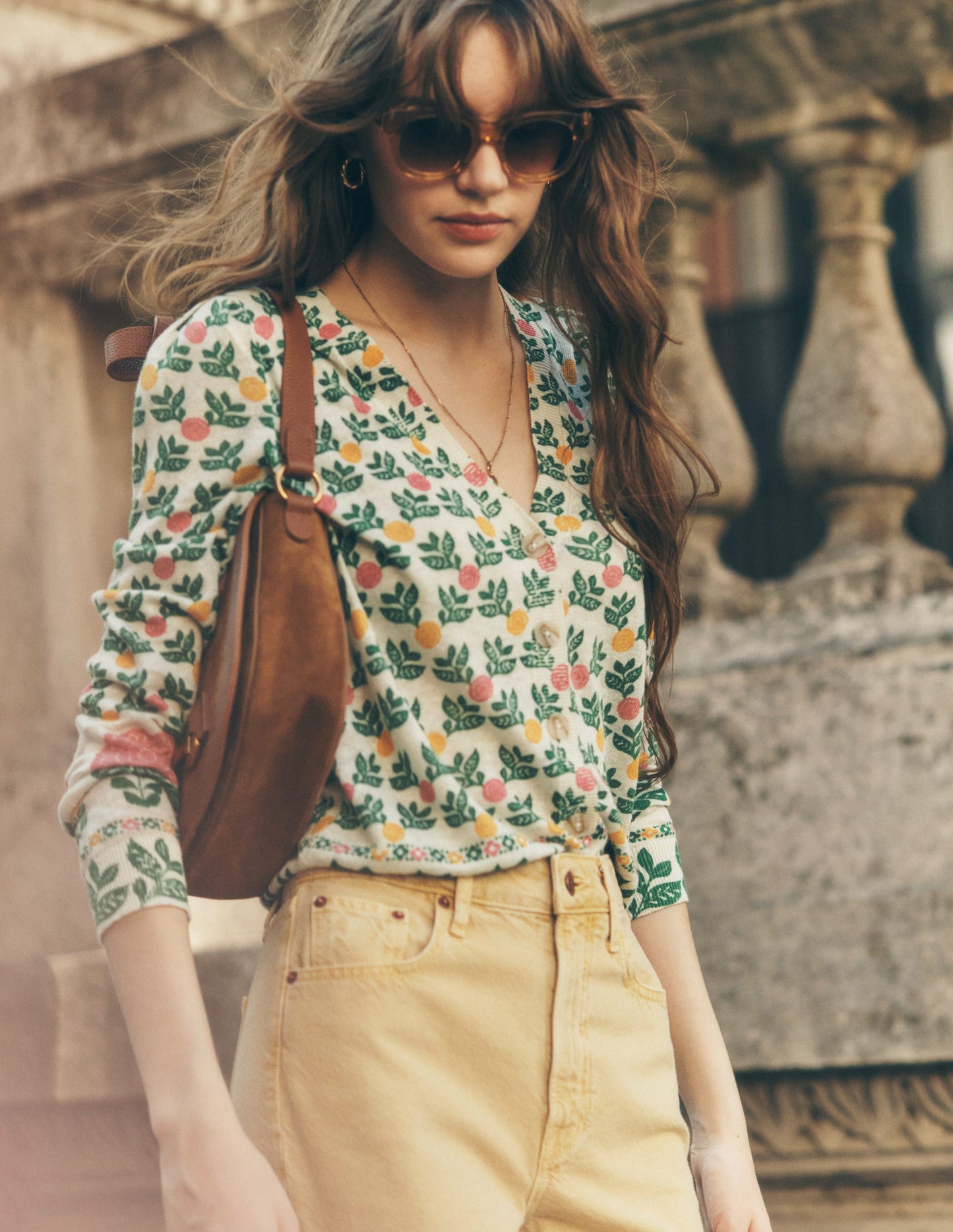 Liv V-Neck Linen Cardigan-Warm Ivory, Dahlia Garden