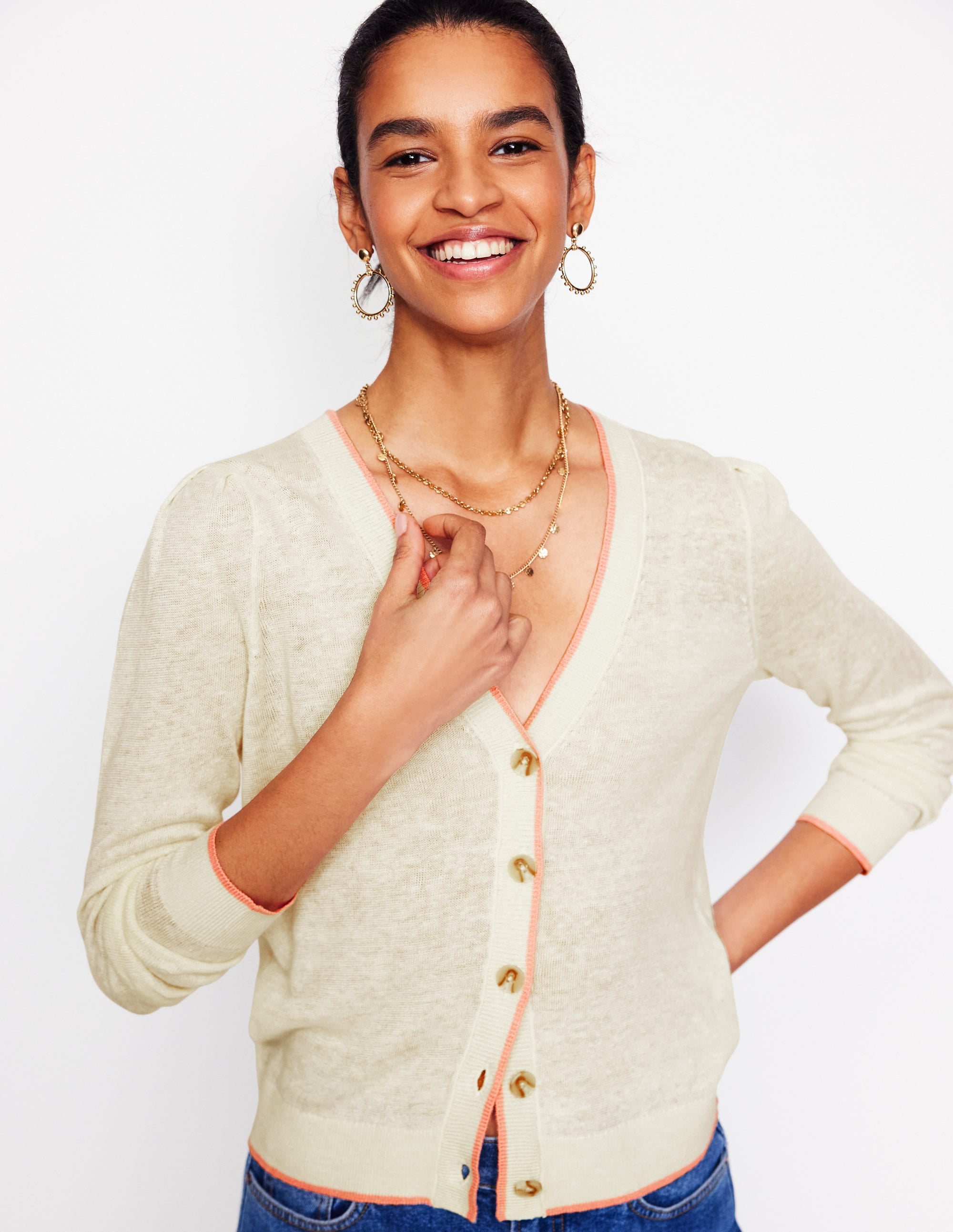 Liv V-Neck Linen Cardigan-Warm Ivory - Image 1