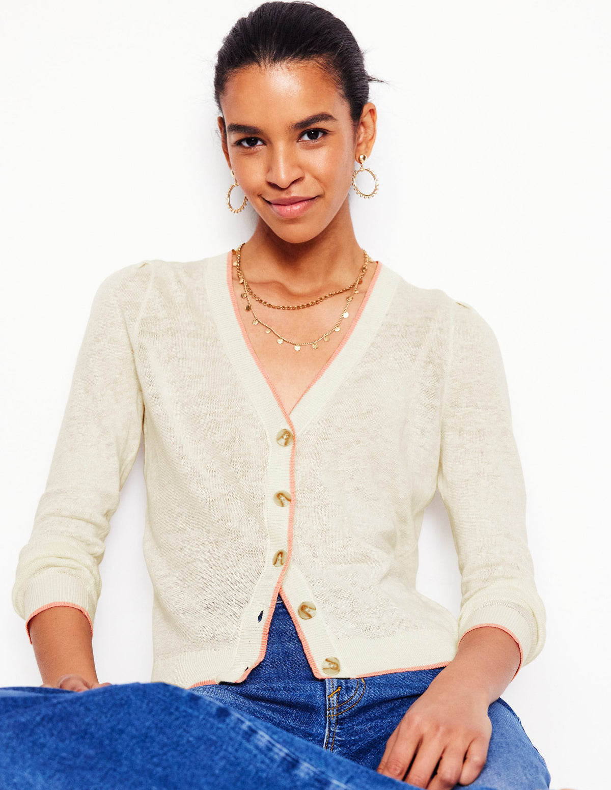 Liv V-Neck Linen Cardigan-Warm Ivory - Image 4