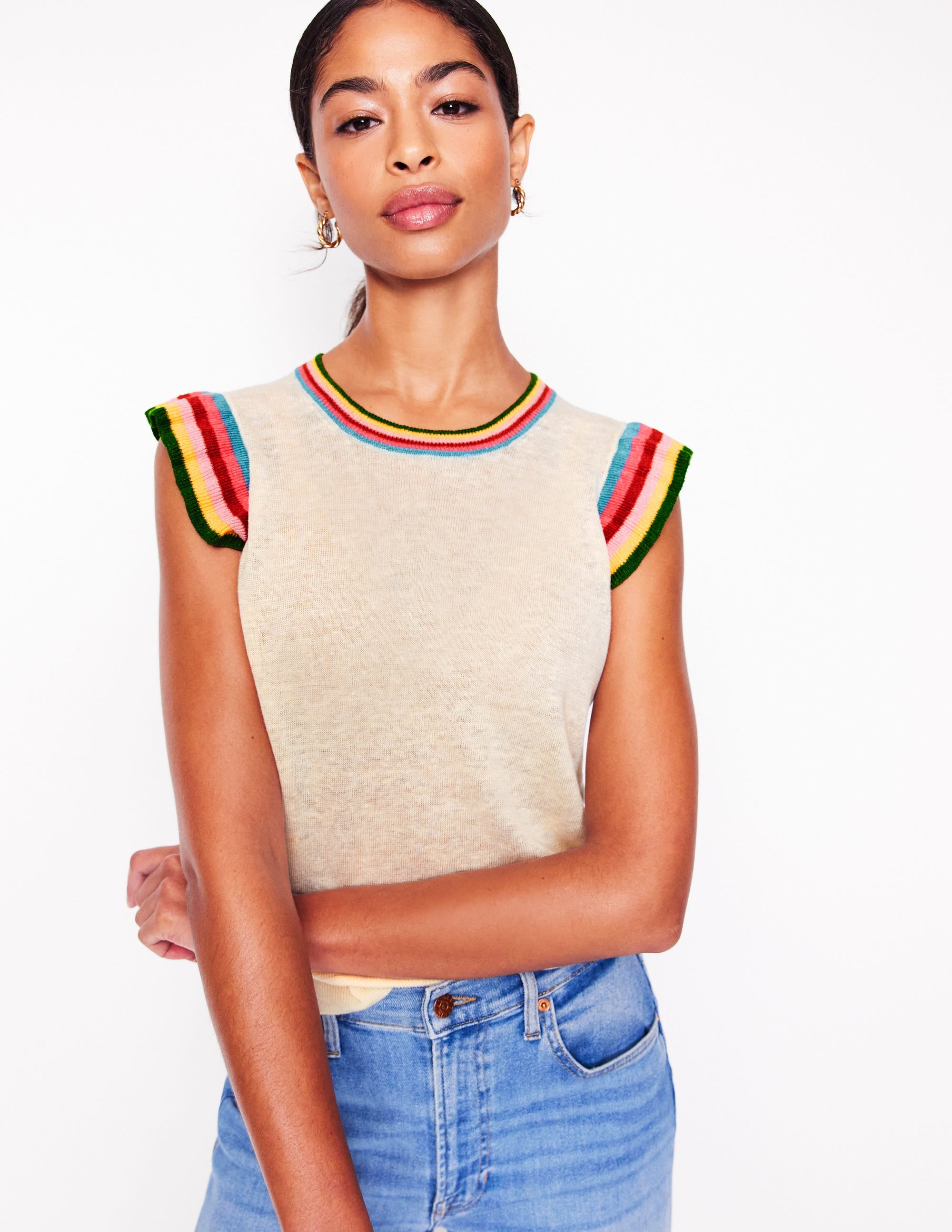 Josie Frilled Linen Vest-Warm Ivory, Multi Stripe - Image 1