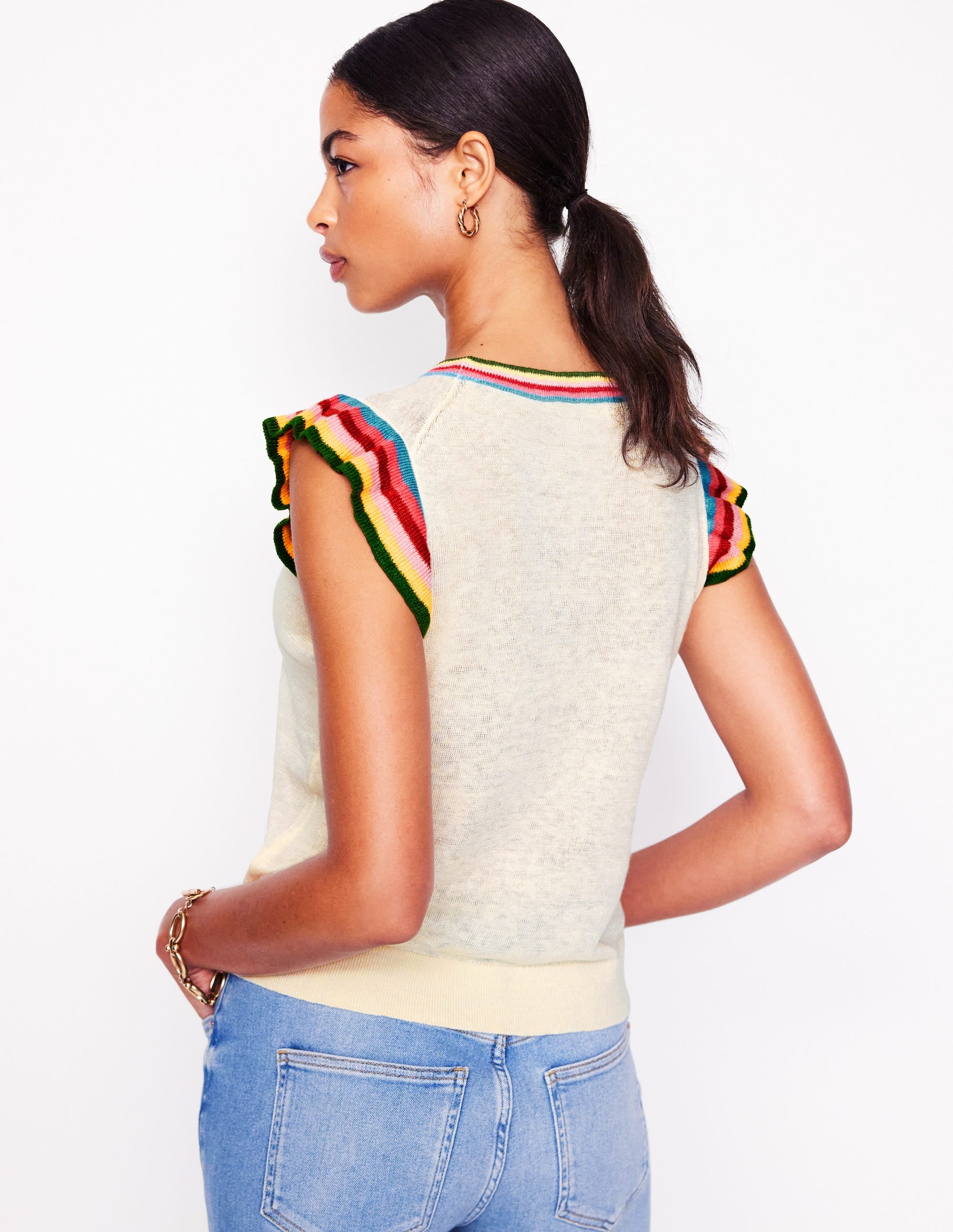 Josie Frilled Linen Vest-Warm Ivory, Multi Stripe - Image 4