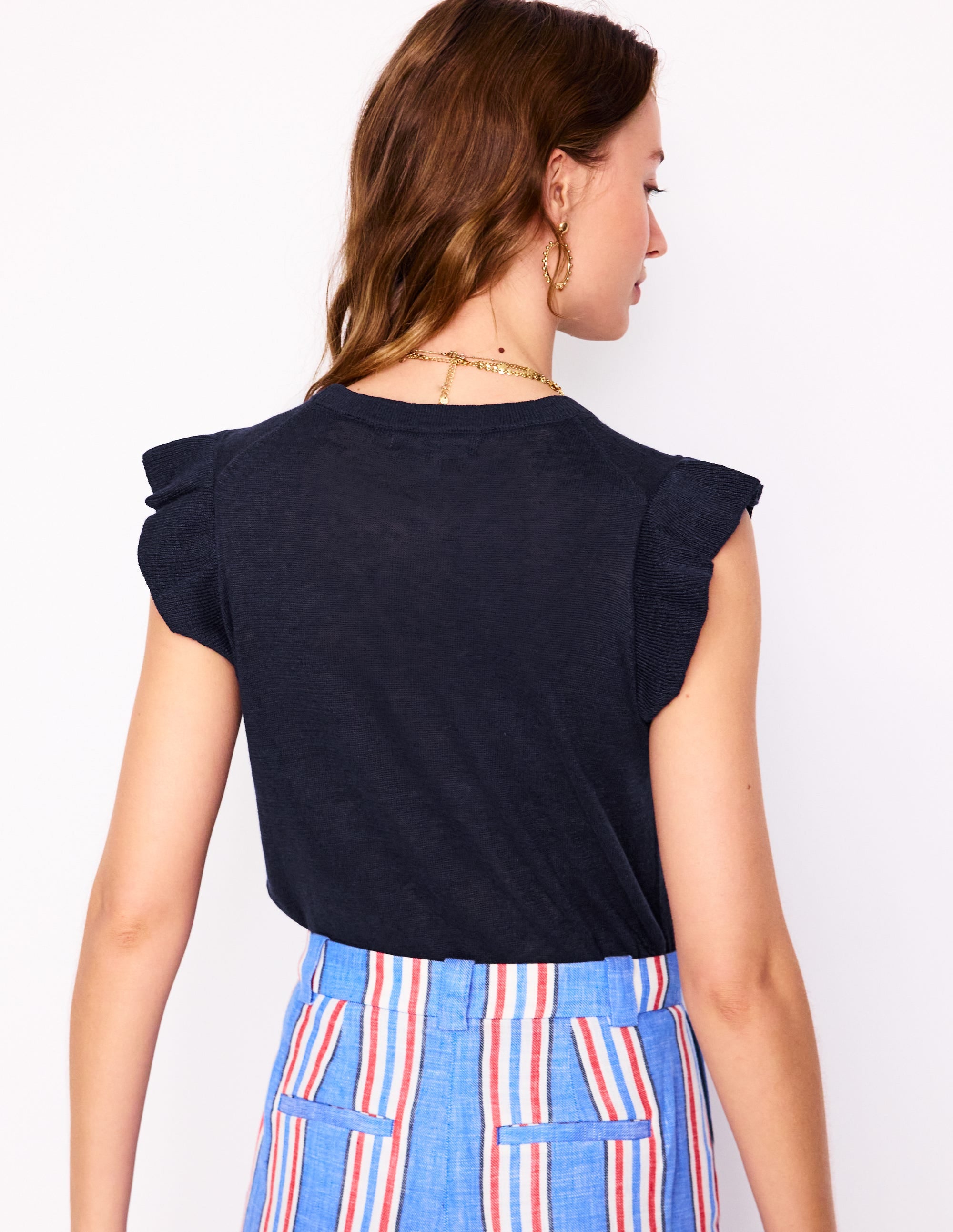 Josie Frilled Linen Vest-Navy - Image 3
