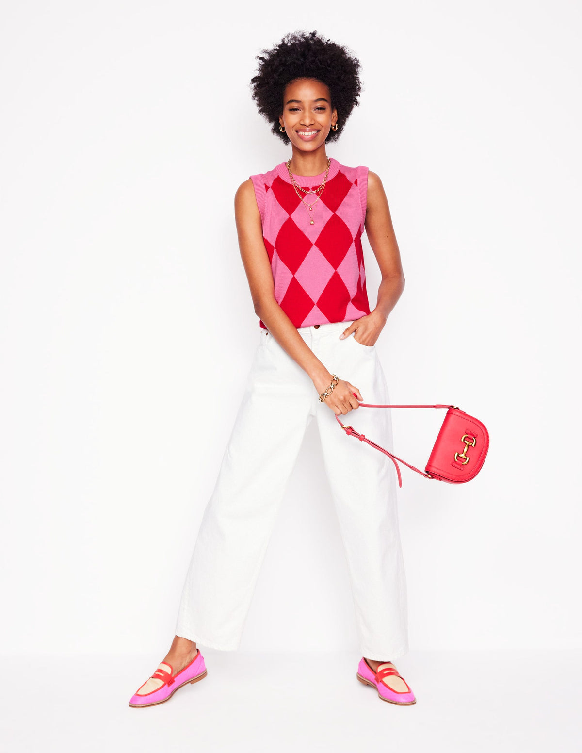 Cotton Argyle Vest-Pink Rose and Poppy Red Argyle - Image 1