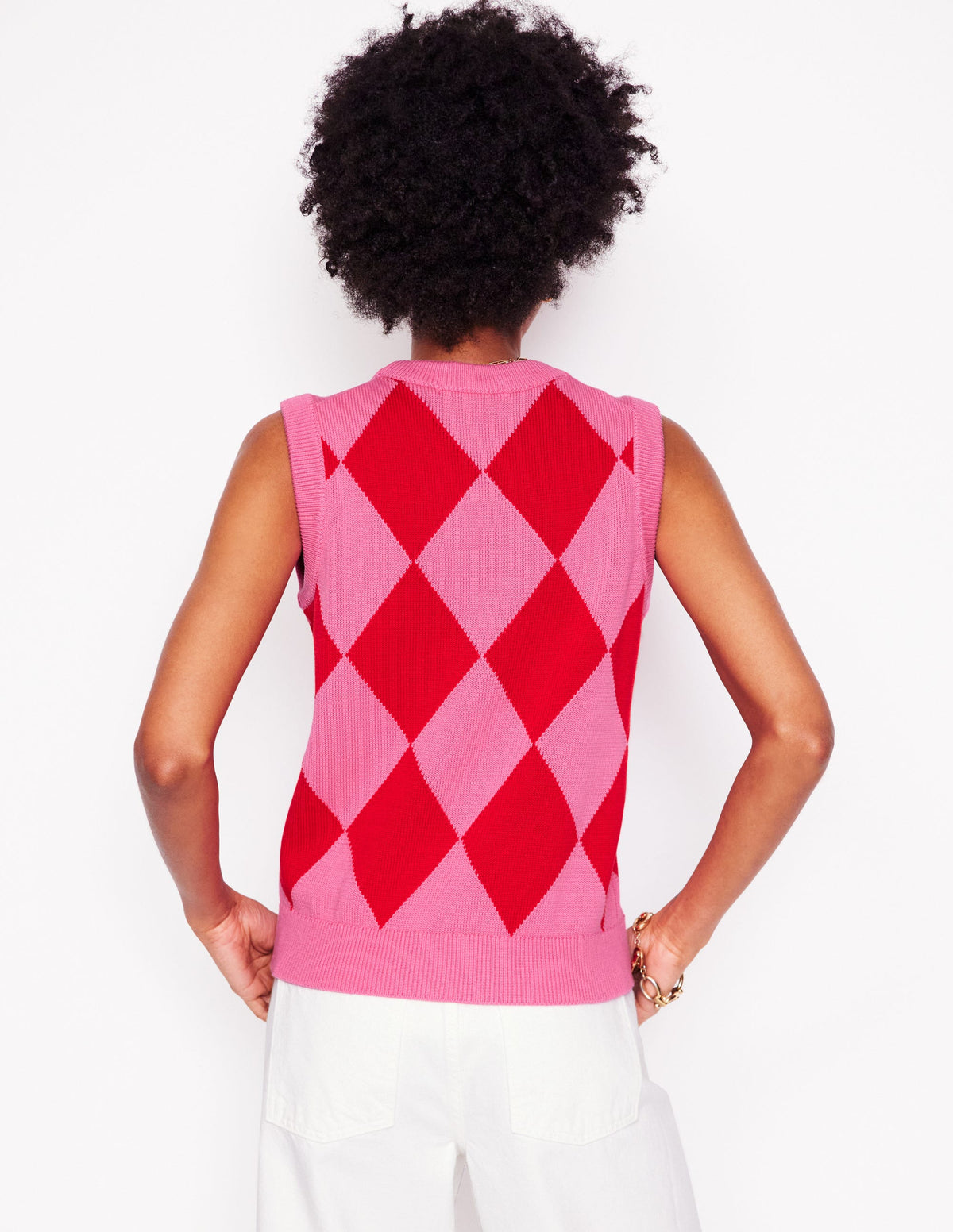 Cotton Argyle Vest-Pink Rose and Poppy Red Argyle - Image 4