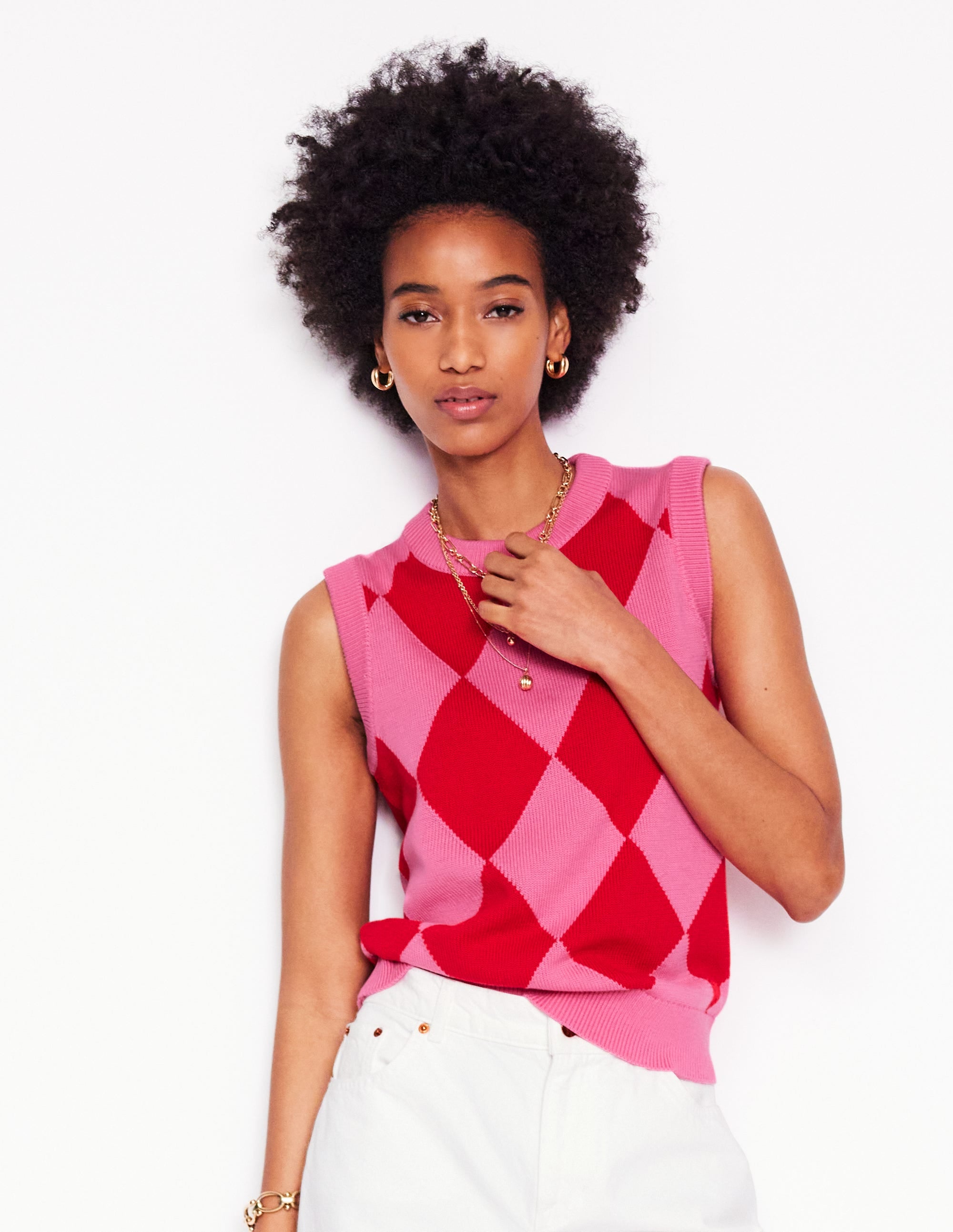 Cotton Argyle Vest-Pink Rose and Poppy Red Argyle - Image 5