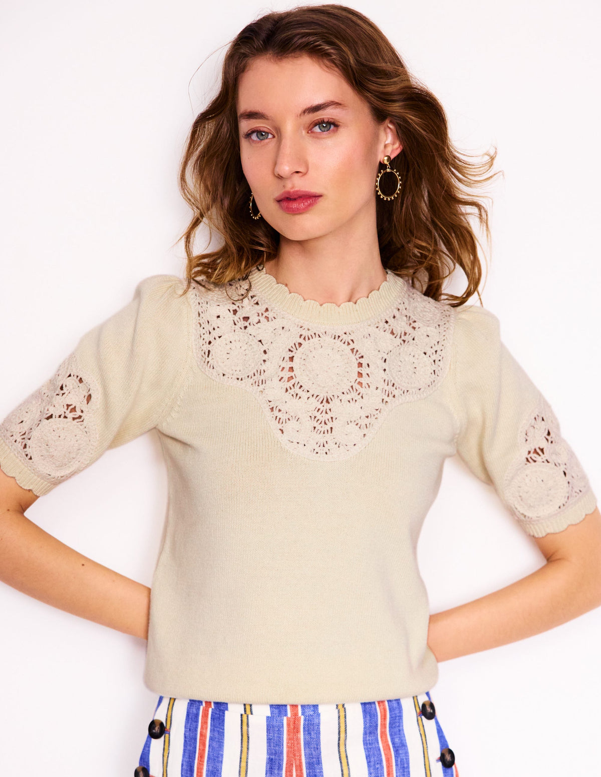 Embroidered Yoke Knitted Tee-Warm Ivory - Image 1