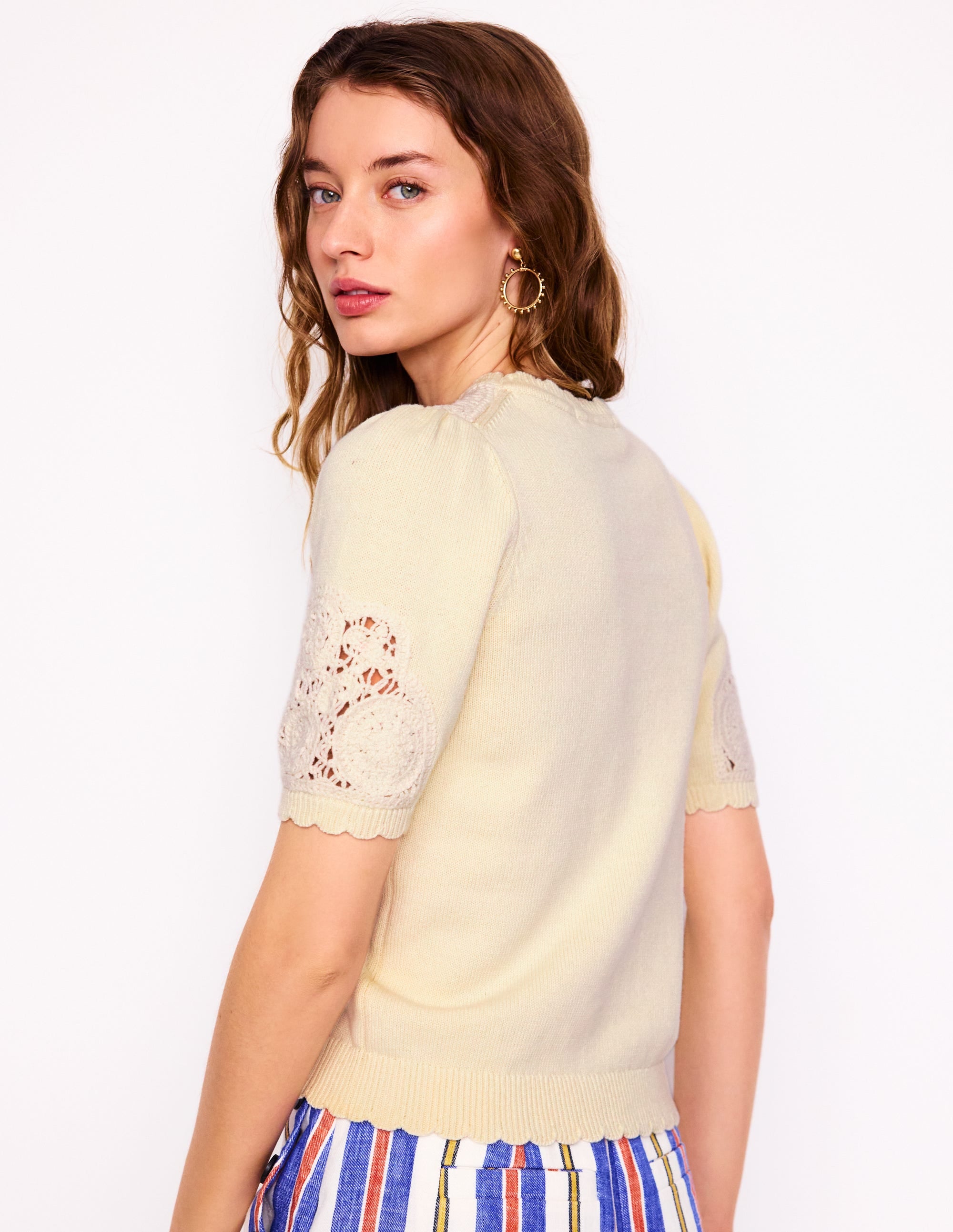 Embroidered Yoke Knitted Tee-Warm Ivory - Image 4