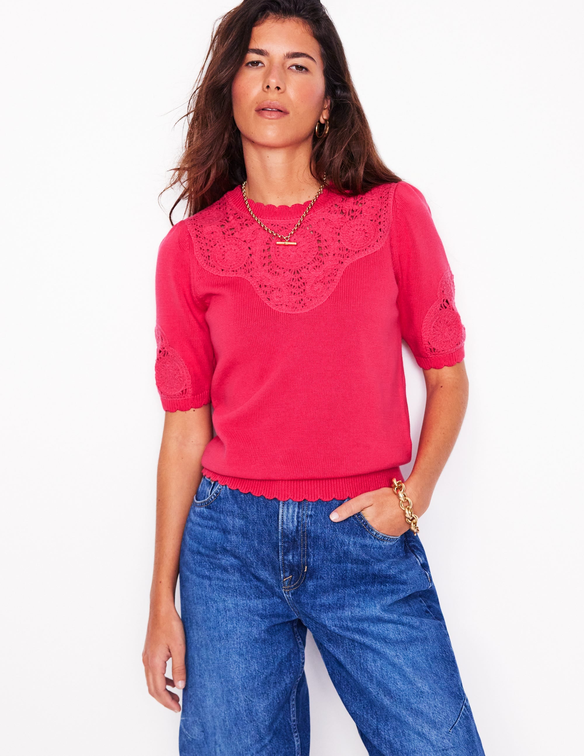 Embroidered Yoke Knitted Tee-Camelia Pink - Image 1