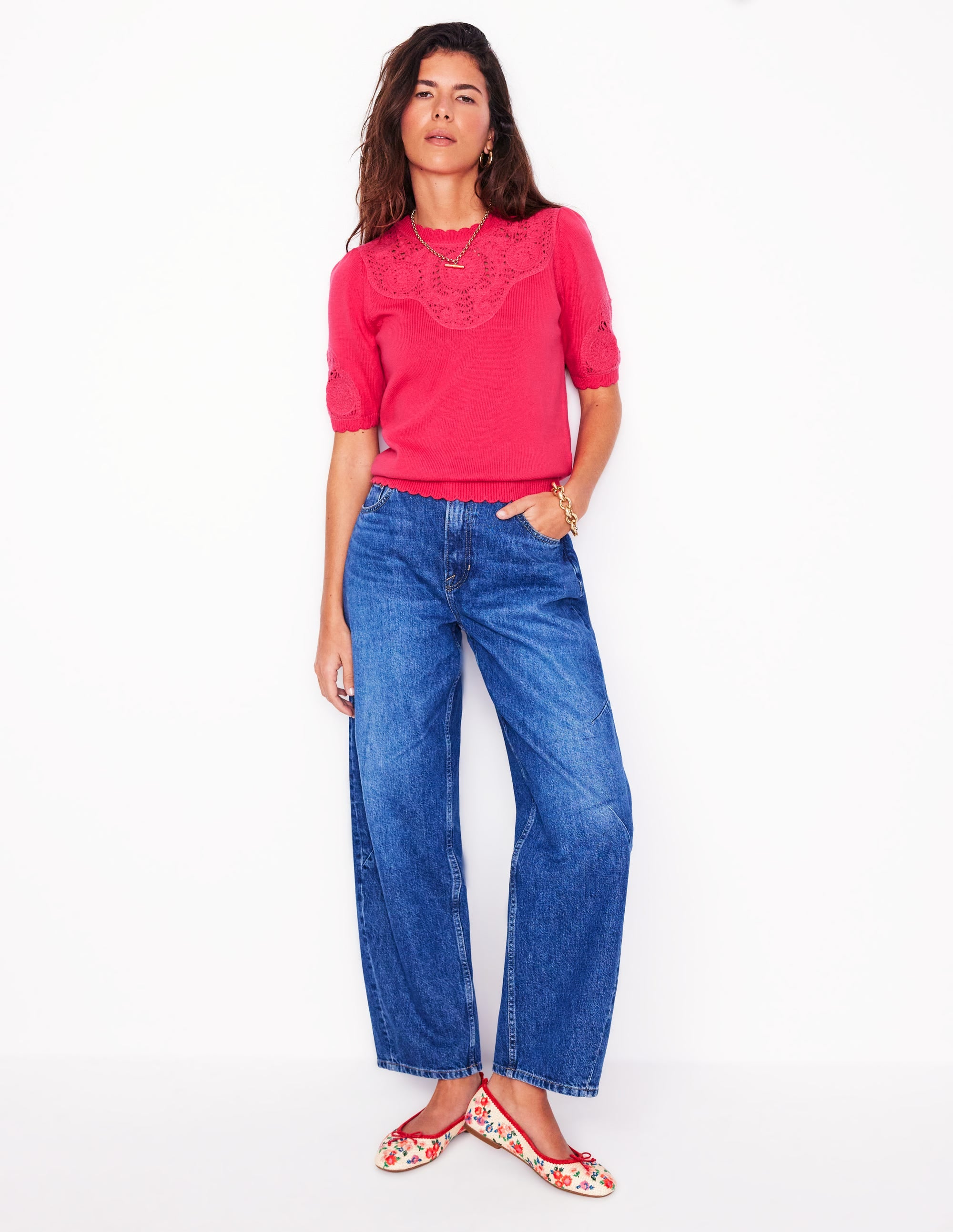 Embroidered Yoke Knitted Tee-Camelia Pink - Image 4