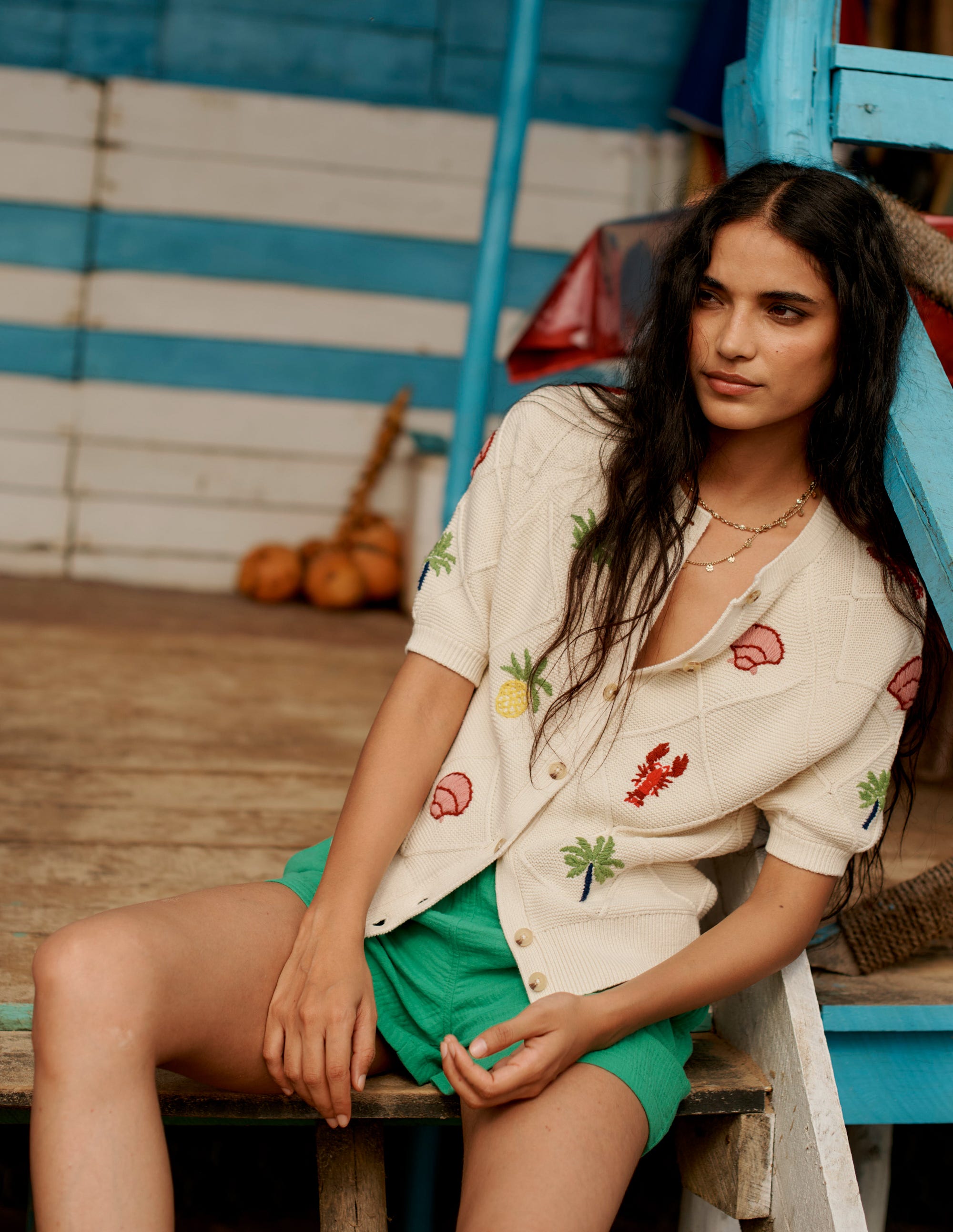 Embroidered T-Shirt Cardigan-Warm Ivory, Tropical Bonanza - Image 5