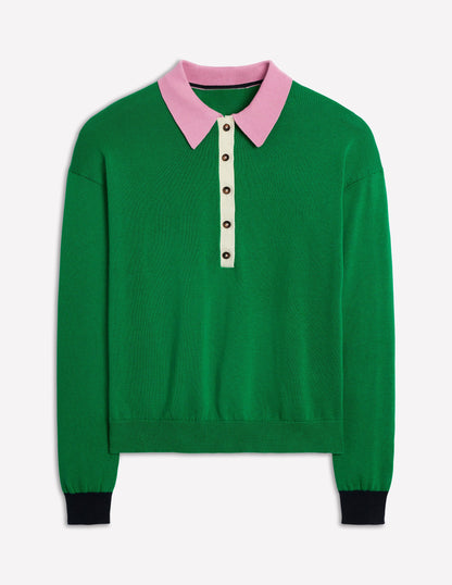 Lara Cotton Henley Jumper-Rich Emerald Colour Block-5