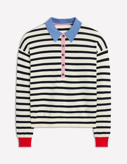 Lara Cotton Henley Jumper-Navy, Warm Ivory Stripe-4