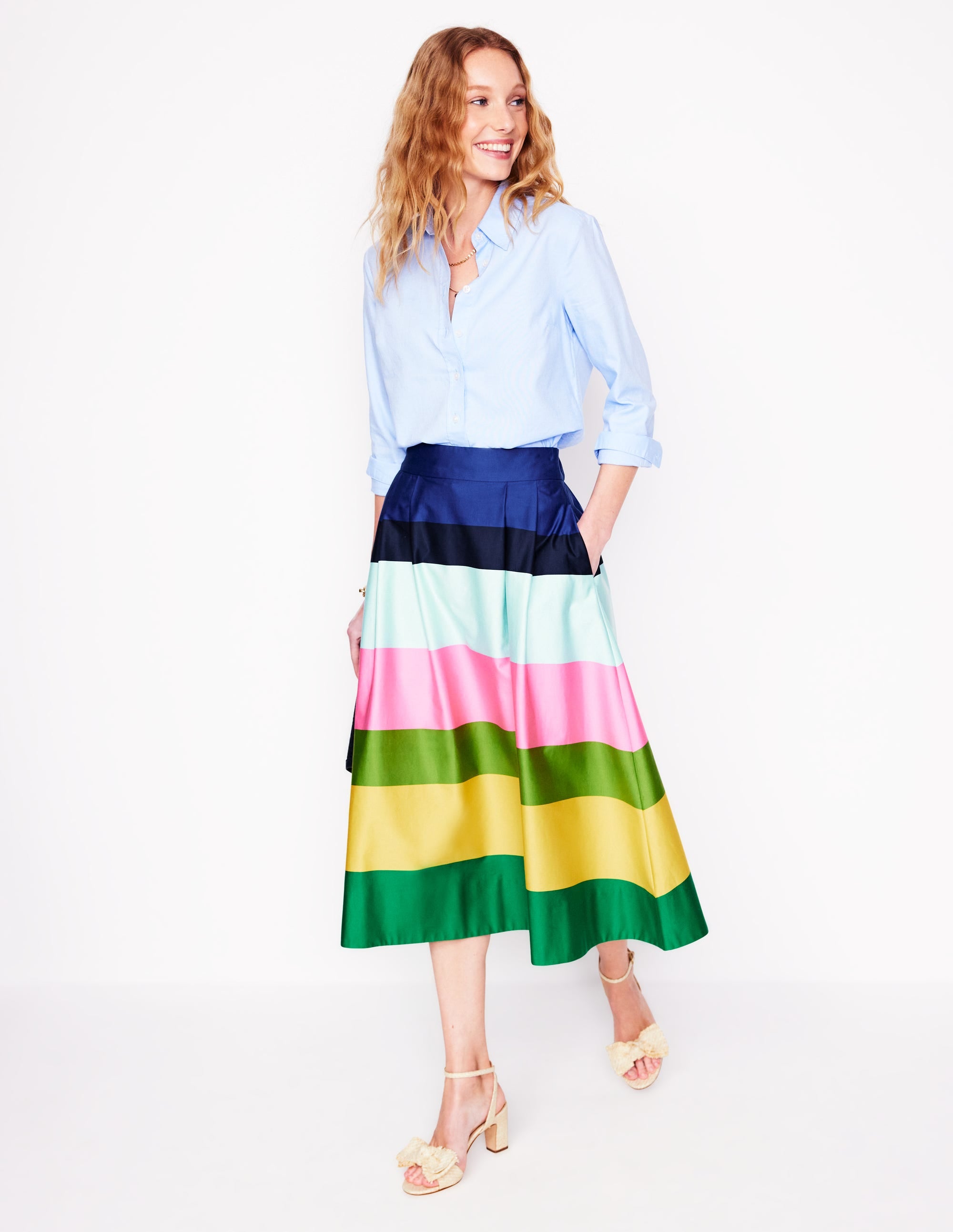 Isabella Cotton Sateen Skirt-Green and Pink Wide Stripe - Image 1