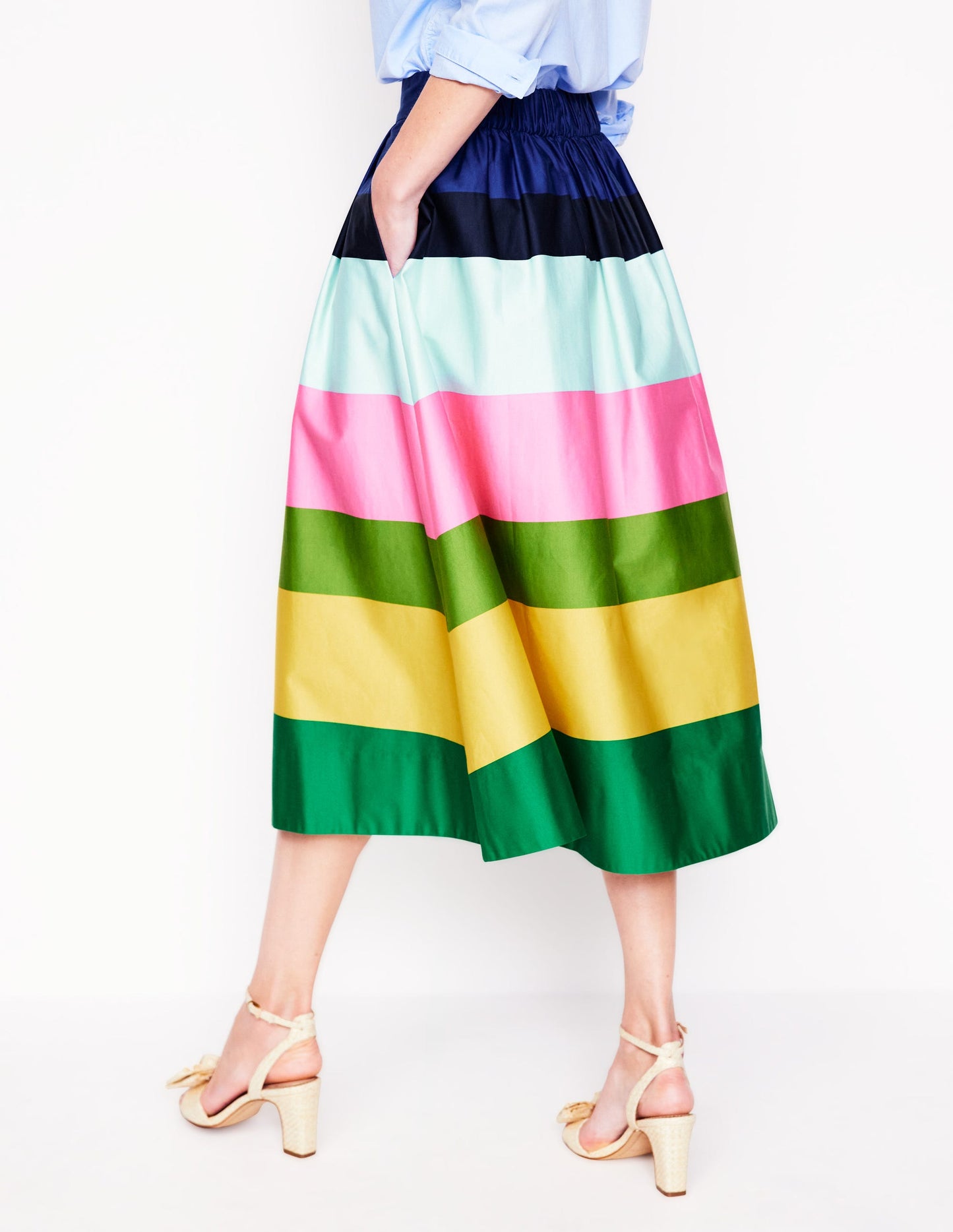 Isabella Cotton Sateen Skirt-Green and Pink Wide Stripe