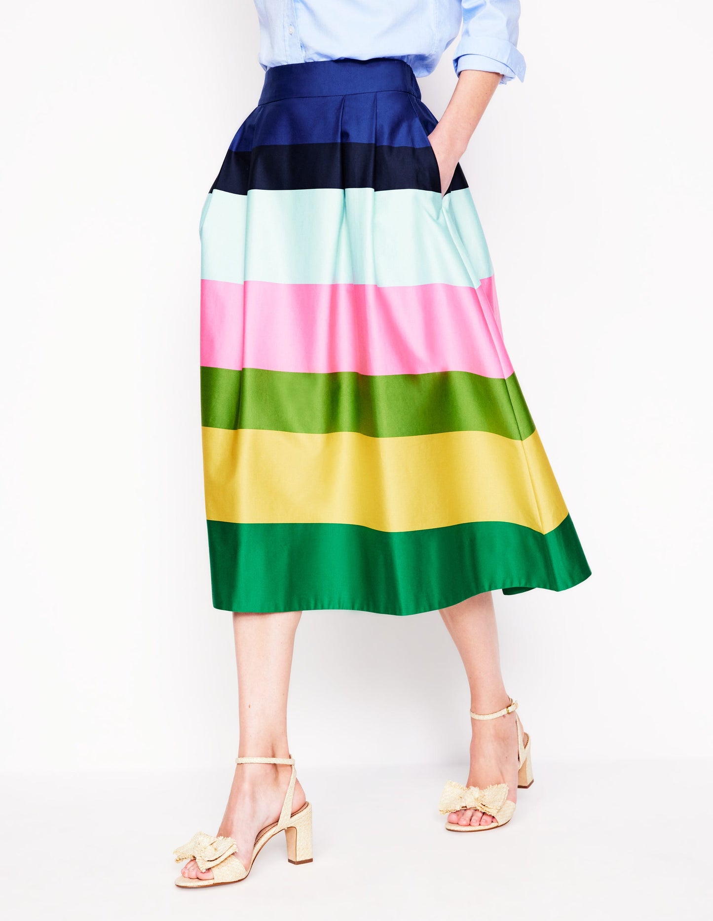 Isabella Cotton Sateen Skirt-Green and Pink Wide Stripe