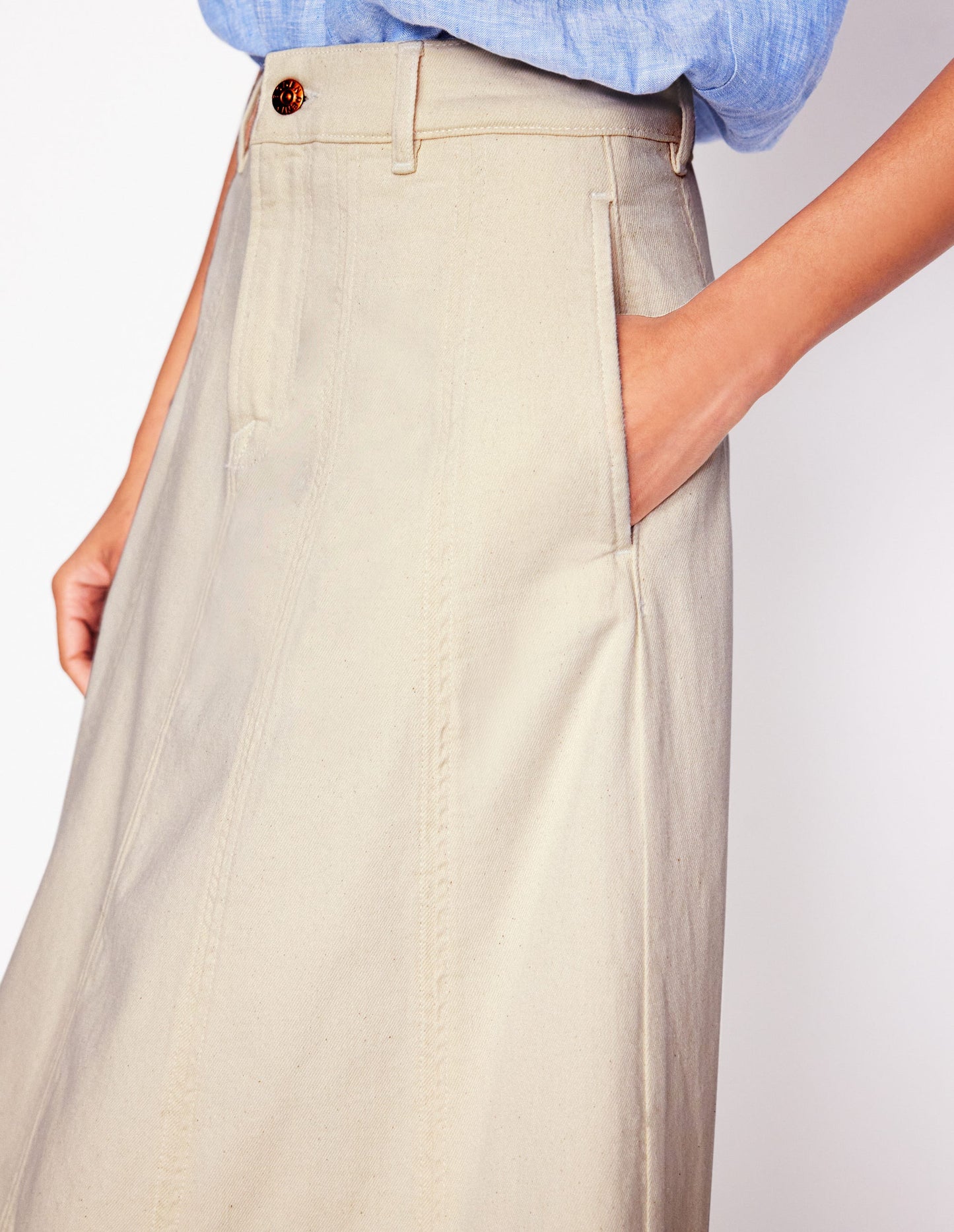 Panelled Full Denim Skirt-Ecru