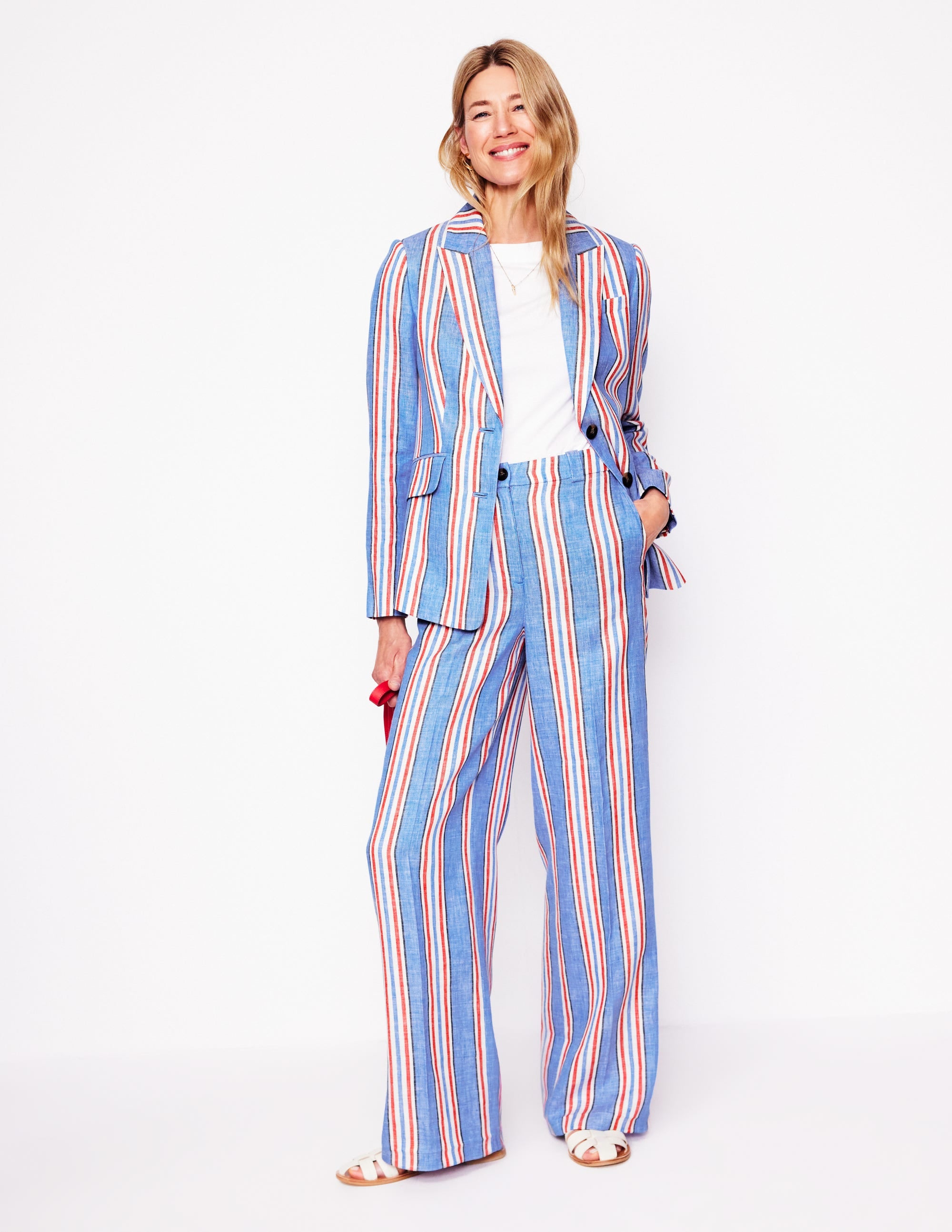 Westbourne Linen Pants-Peacock Blue, Red Stripe - Image 1