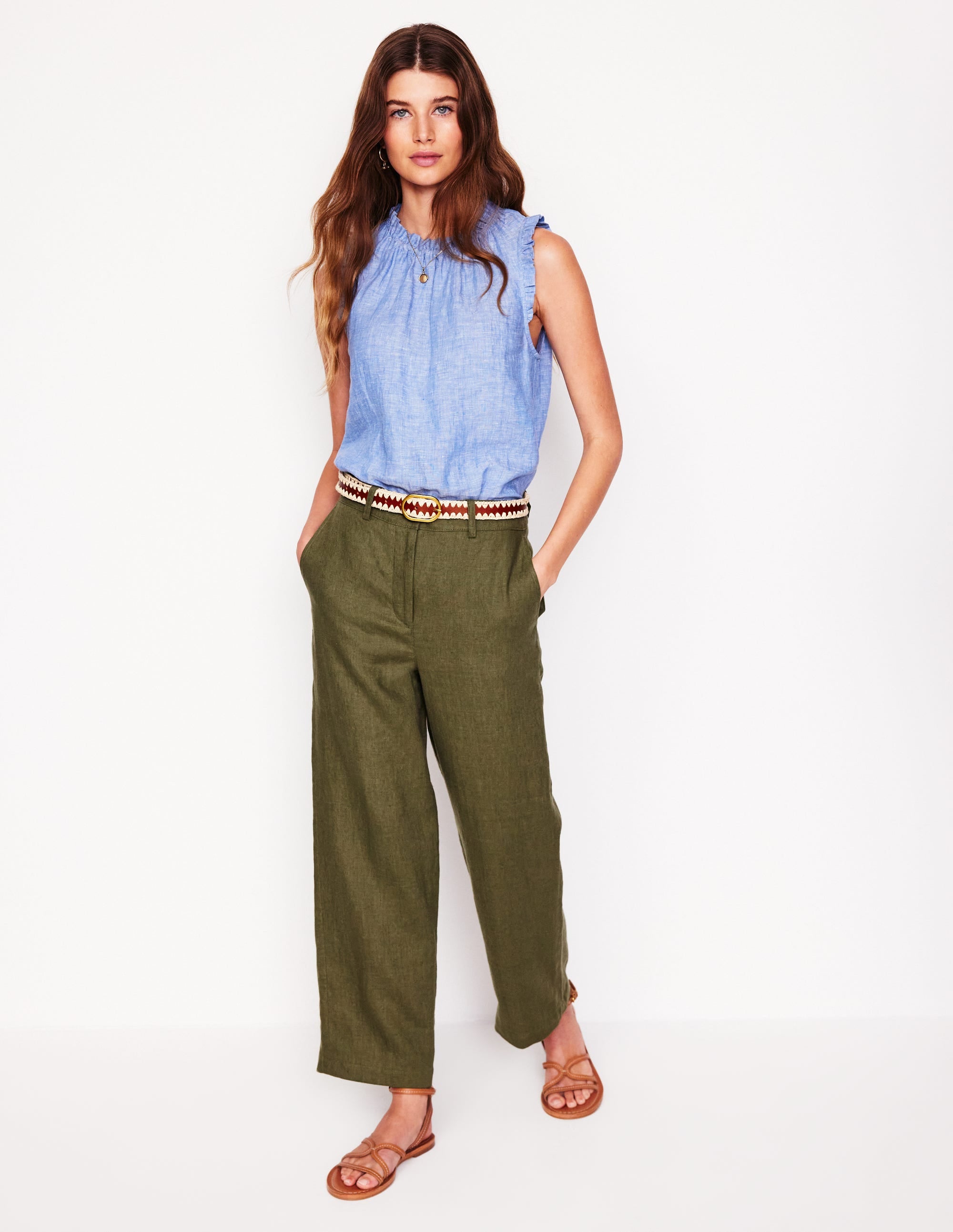 Westbourne Crop Linen Pants-Woodland Green - Image 1