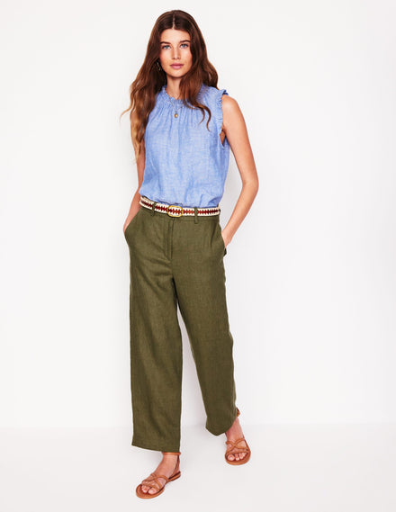 Westbourne Crop Linen Pants-Woodland Green