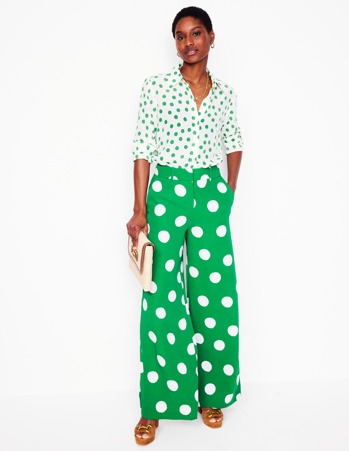 Wide Leg Trousers-Rich Emerald, Abstract Dot - Image 1