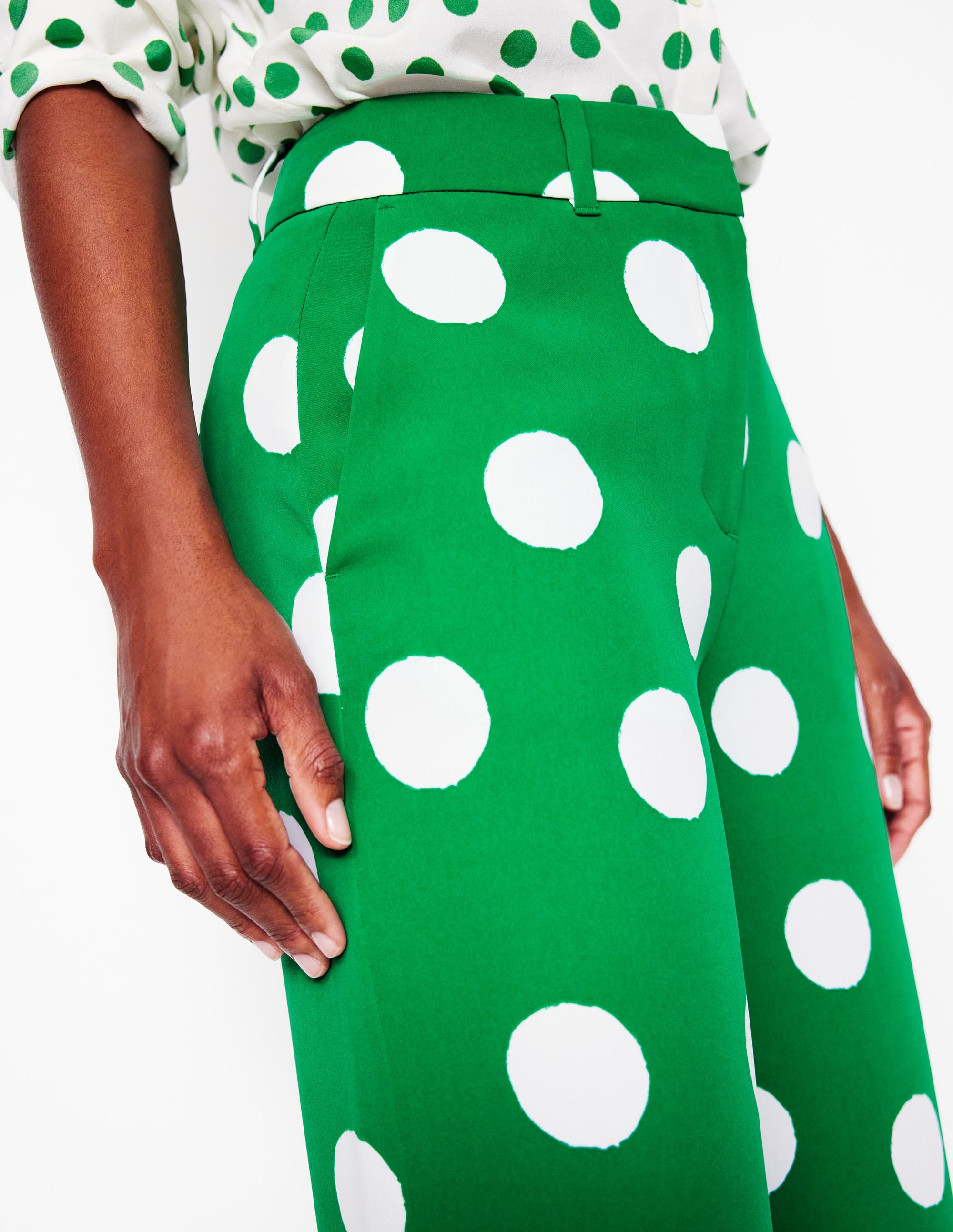 Wide Leg Trousers-Rich Emerald, Abstract Dot - Image 2