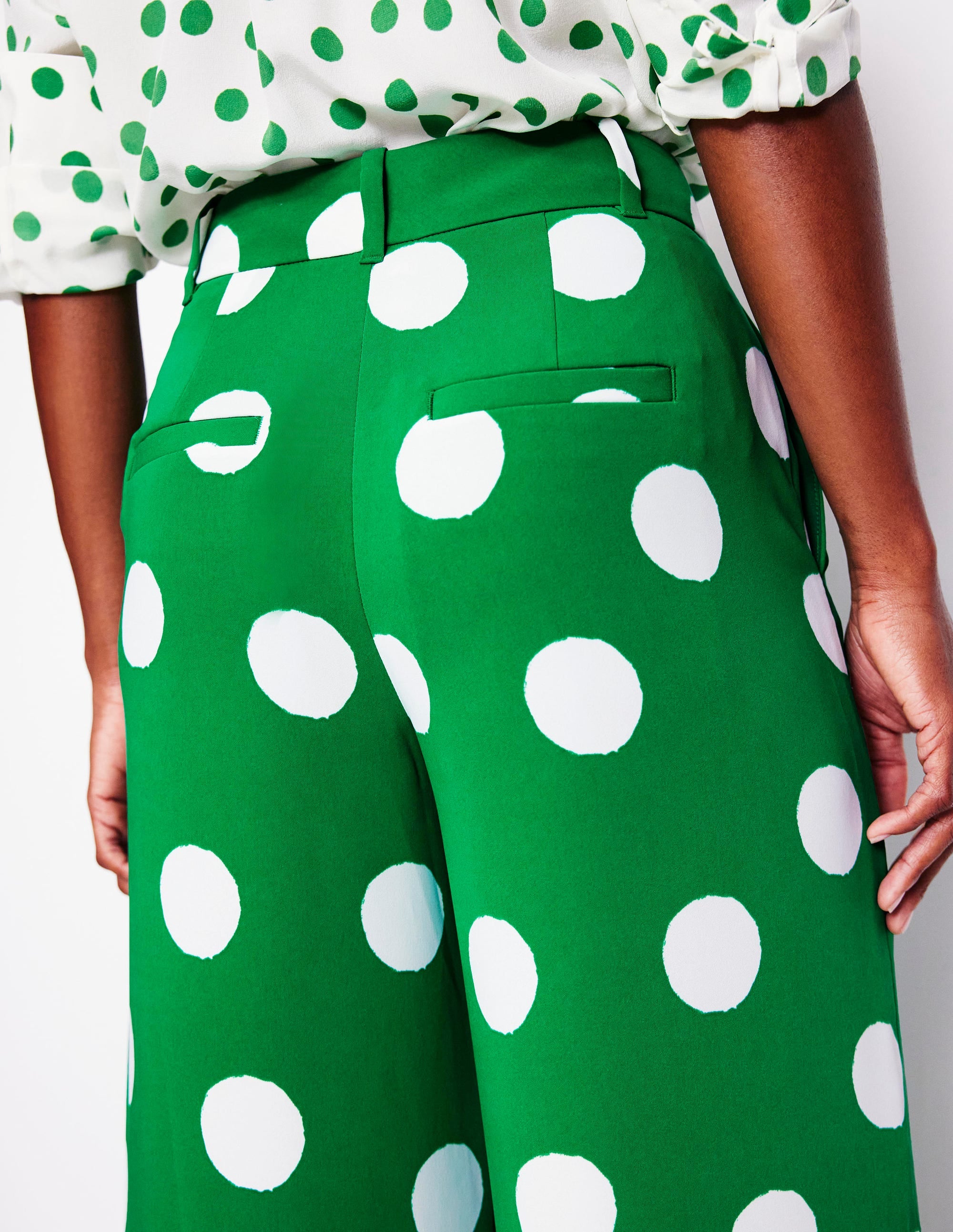 Wide Leg Trousers-Rich Emerald, Abstract Dot - Image 3