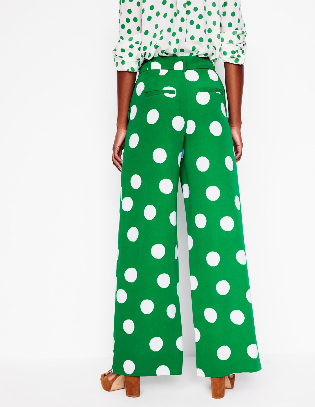Wide Leg Trousers-Rich Emerald, Abstract Dot - Image 4
