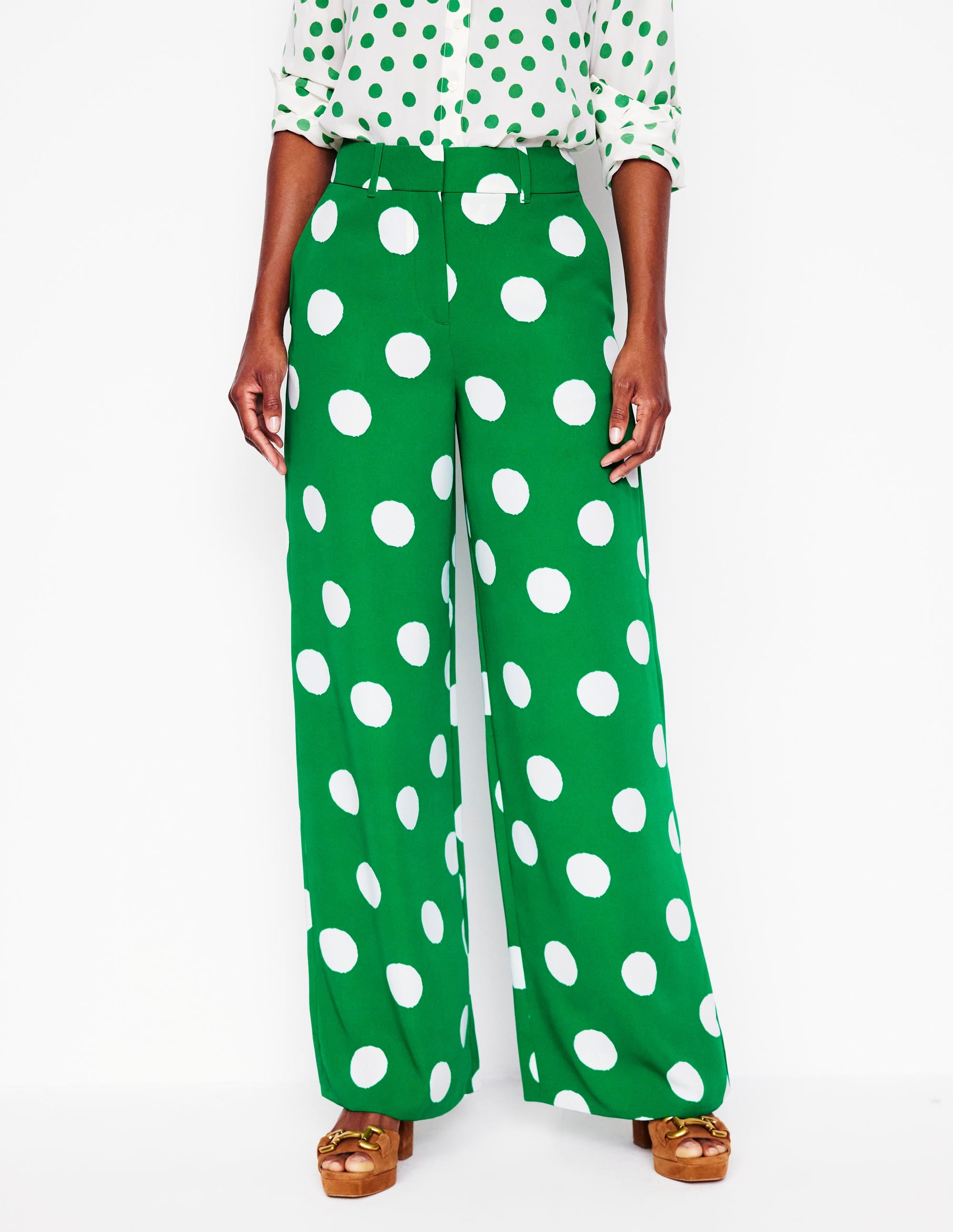 Wide Leg Trousers-Rich Emerald, Abstract Dot - Image 5