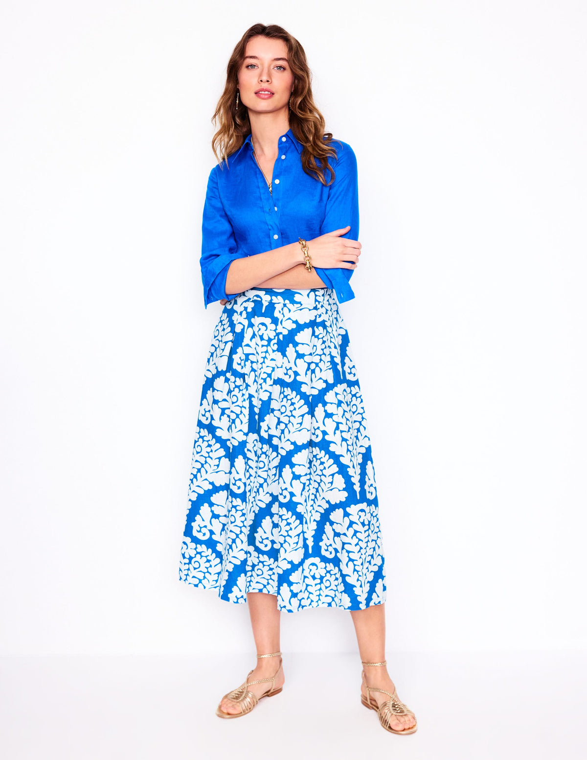 Verity Linen Midi Skirt-Cerulean Blue, Blossomy - Image 1