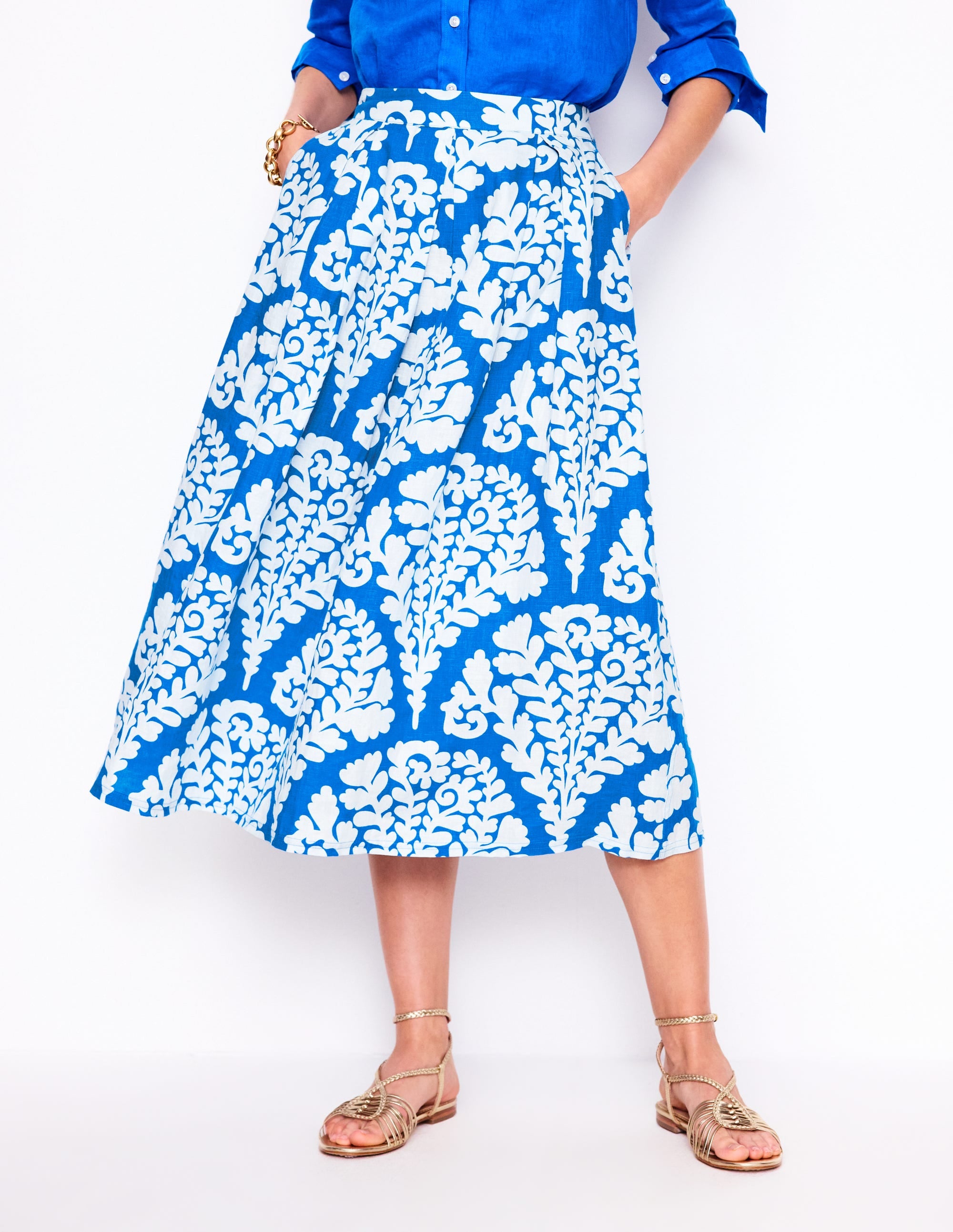 Verity Linen Midi Skirt-Cerulean Blue, Blossomy - Image 3