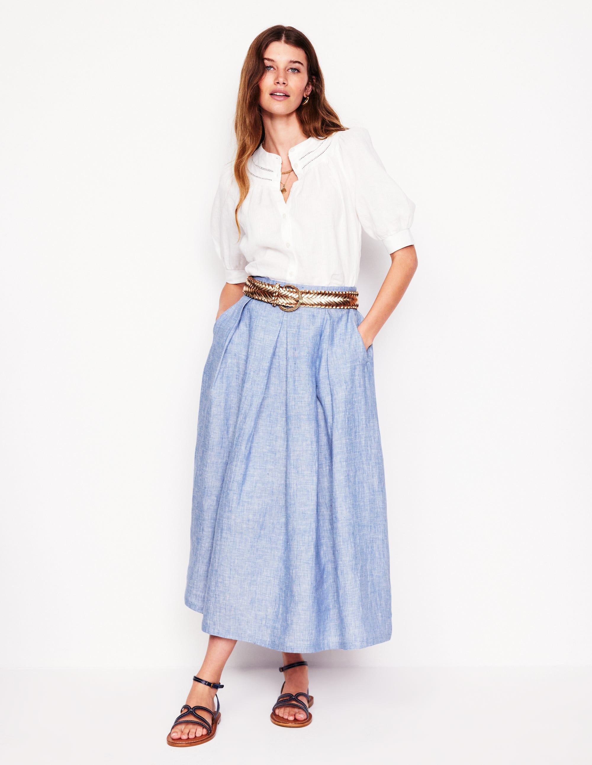 Verity Linen Midi Skirt-Grey Blue Chambray - Image 1