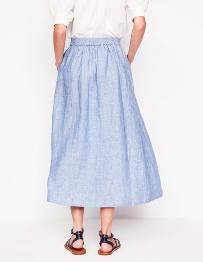 Verity Linen Midi Skirt-Grey Blue Chambray