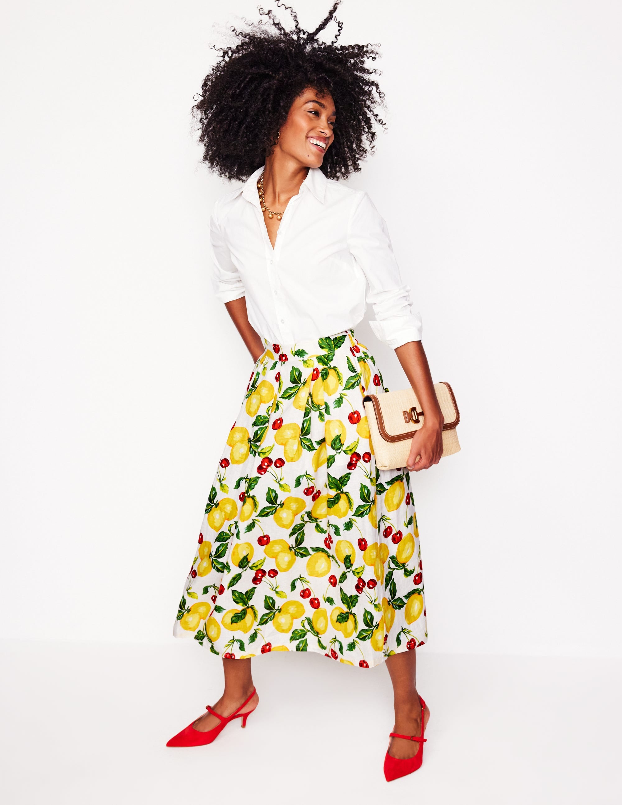 Verity Linen Midi Skirt-Ivory, Cherries and Lemons - Image 1